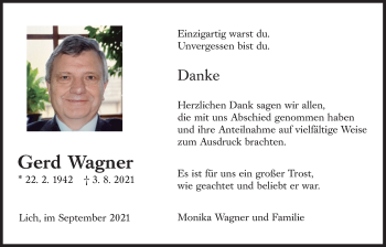 Traueranzeige von Gerd Wagner von Licher Wochenblatt
