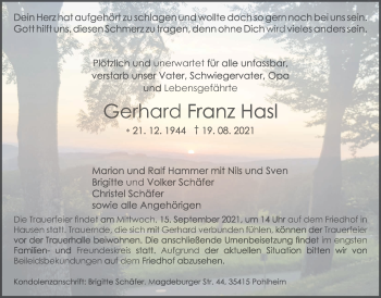 Traueranzeige von Gerhard Franz Hasl von Pohlheimer Nachrichten