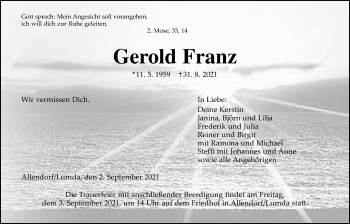 Traueranzeige von Gerold Franz von Giessener Allgemeine, Alsfelder Allgemeine