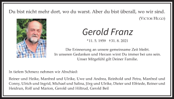 Traueranzeige von Gerold Franz von Giessener Allgemeine, Alsfelder Allgemeine
