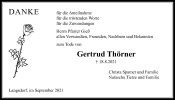 Traueranzeige von Gertrud Thörner von Licher Wochenblatt