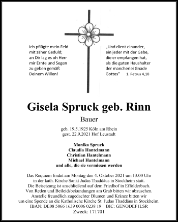 Traueranzeige von Gisel Spruck von Wetterauer Zeitung