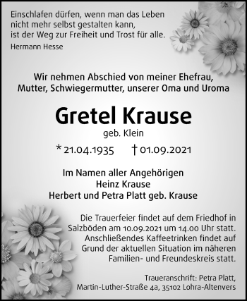 Traueranzeige von Gretel Krause von Giessener Allgemeine, Alsfelder Allgemeine