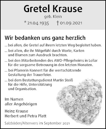 Traueranzeige von Gretel Krause von Giessener Allgemeine, Alsfelder Allgemeine