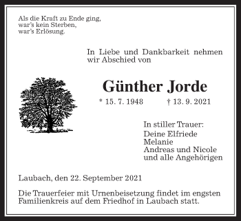 Traueranzeige von Günther Jorde von Laubacher Anzeiger