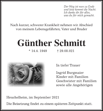 Traueranzeige von Günther Schmitt von Giessener Allgemeine, Alsfelder Allgemeine