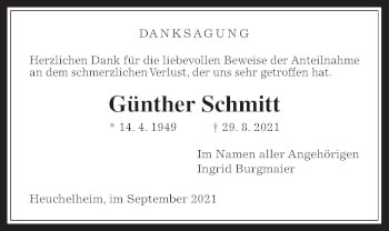 Traueranzeige von Günther Schmitt von Giessener Allgemeine, Alsfelder Allgemeine