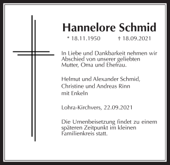 Traueranzeige von Hannelore Schmid von Giessener Allgemeine, Alsfelder Allgemeine