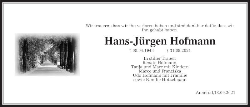 Traueranzeige für Hans-Jürgen Hofmann vom 18.09.2021 aus Giessener Allgemeine, Alsfelder Allgemeine