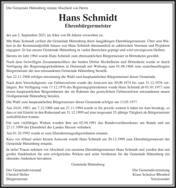 Traueranzeige von Hans Schmidt von Giessener Allgemeine, Alsfelder Allgemeine