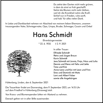 Traueranzeige von Hans Schmidt von Giessener Allgemeine, Alsfelder Allgemeine