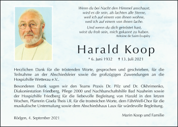 Traueranzeige von Harald Koop von Wetterauer Zeitung