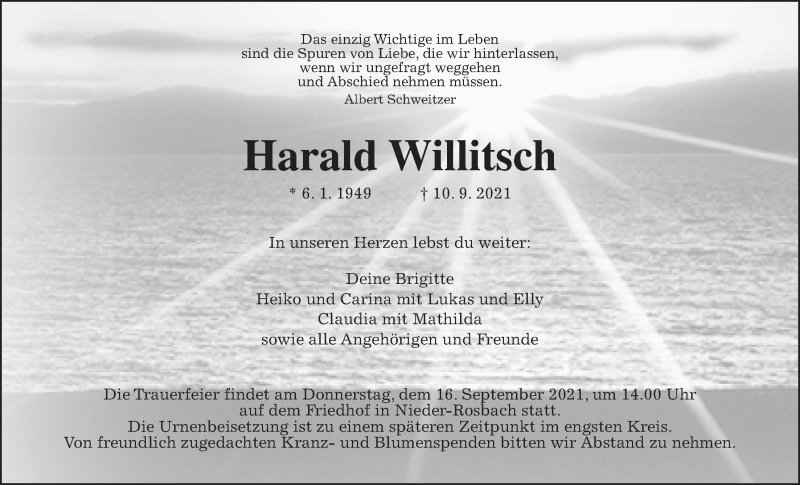  Traueranzeige für Harald Willitsch vom 11.09.2021 aus Wetterauer Zeitung