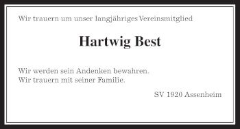 Traueranzeige von Hartwig Best von Wetterauer Zeitung