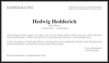 Traueranzeige von Hedwig Hedderich von Giessener Allgemeine, Alsfelder Allgemeine