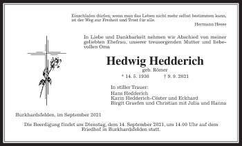 Traueranzeige von Hedwig Hedderich von Giessener Allgemeine, Alsfelder Allgemeine