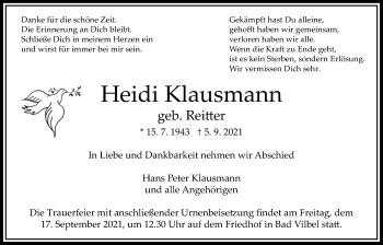 Traueranzeige von Heidi Klausmann von Bad Vilbel/Karben