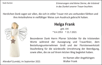 Traueranzeige von Helga Frank von Allendorfer Mitteilungen