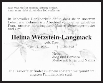Traueranzeige von Helma Wetzstein-Langmack von Wetterauer Zeitung