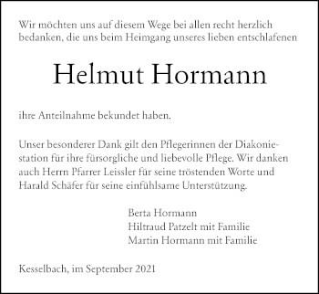 Traueranzeige von Helmut Hormann von Giessener Allgemeine, Alsfelder Allgemeine