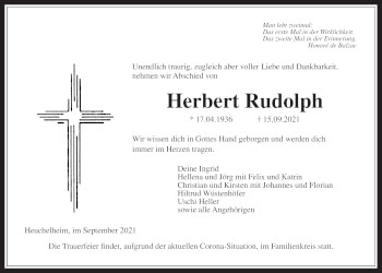 Traueranzeige von Herbert Rudolph von Giessener Allgemeine, Alsfelder Allgemeine
