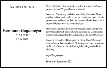 Traueranzeige von Hermann Siegemeyer von Giessener Allgemeine, Alsfelder Allgemeine