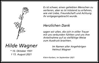 Traueranzeige von Hilde Wagner von Bad Vilbel/Karben
