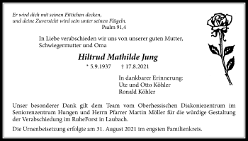 Traueranzeige von Hiltrud Mathilde Jung von Licher Wochenblatt