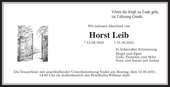 Traueranzeige von Horst Leib von Giessener Allgemeine, Alsfelder Allgemeine