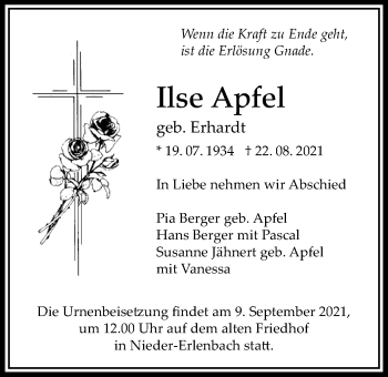 Traueranzeige von Ilse Apfel von Bad Vilbel/Karben
