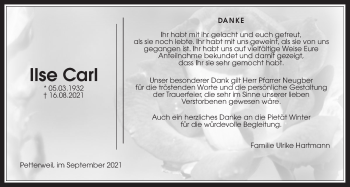 Traueranzeige von Ilse Carl von Wetterauer Zeitung