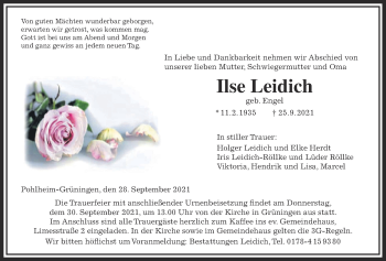 Traueranzeige von Ilse Leidich von Giessener Allgemeine, Alsfelder Allgemeine