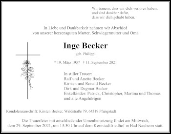 Traueranzeige von Inge Becker von Wetterauer Zeitung