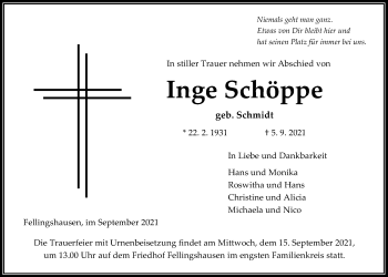 Traueranzeige von Inge Schöppe von Giessener Allgemeine, Alsfelder Allgemeine