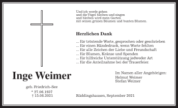 Traueranzeige von Inge Weimer von Rabenauer Zeitung