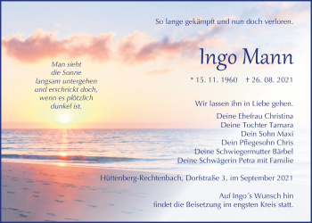 Traueranzeige von Ingo Mann von Giessener Allgemeine, Alsfelder Allgemeine