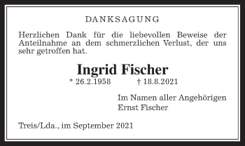 Traueranzeige von Ingrid Fischer von Giessener Allgemeine, Alsfelder Allgemeine