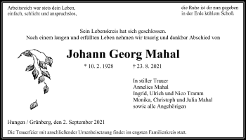 Traueranzeige von Johann Georg Mahal von Licher Wochenblatt
