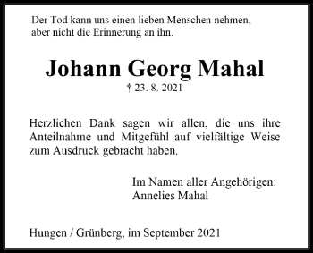 Traueranzeige von Johann Georg Mahal von Licher Wochenblatt