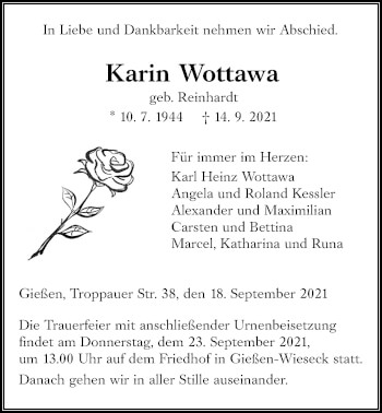 Traueranzeige von Karin Wottawa von Giessener Allgemeine, Alsfelder Allgemeine