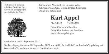 Traueranzeige von Karl Appel von Giessener Allgemeine, Alsfelder Allgemeine