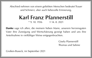Traueranzeige von Karl Franz Pfannerstill von Giessener Allgemeine, Alsfelder Allgemeine