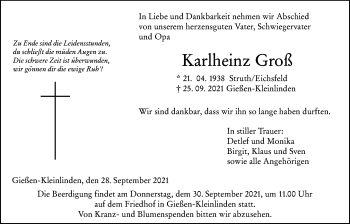 Traueranzeige von Karlheinz Groß von Giessener Allgemeine, Alsfelder Allgemeine