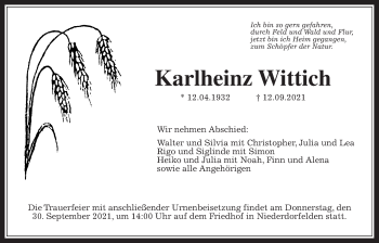 Traueranzeige von Karlheinz Wittich von Bad Vilbel/Karben