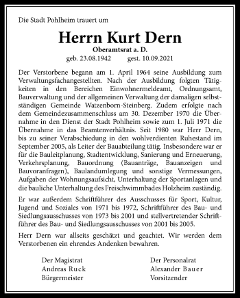 Traueranzeige von Kurt Dern von Pohlheimer Nachrichten, Giessener Allgemeine, Alsfelder Allgemeine