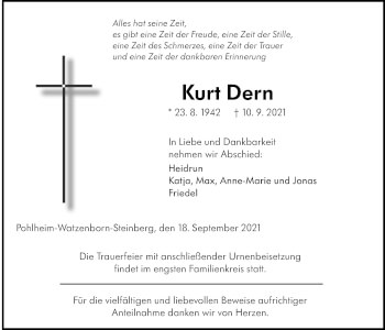Traueranzeige von Kurt Dern von Giessener Allgemeine, Alsfelder Allgemeine
