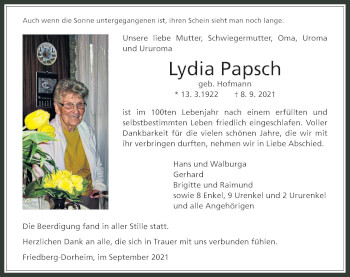 Traueranzeige von Lydia Papsch von Wetterauer Zeitung