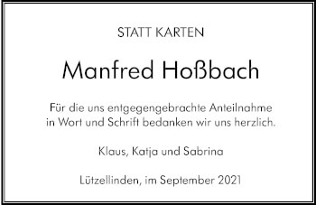 Traueranzeige von Manfred Hoßbach von Giessener Allgemeine, Alsfelder Allgemeine