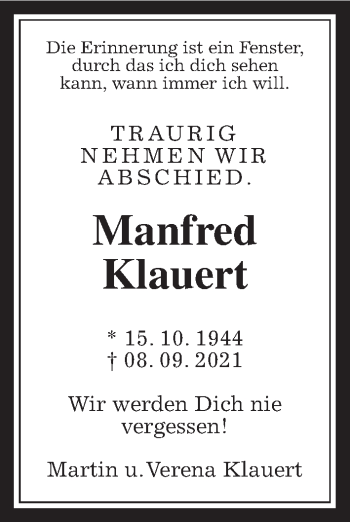Traueranzeige von Manfred Klauert von Wetterauer Zeitung