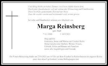Traueranzeige von Marga Reinsberg von Giessener Allgemeine, Alsfelder Allgemeine